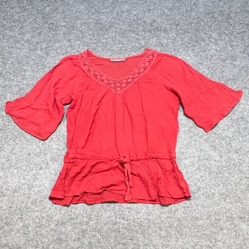 NY Collection Rusty Red Cotton Gauze Crochet Lace V-Neck Peplum Blouse Large